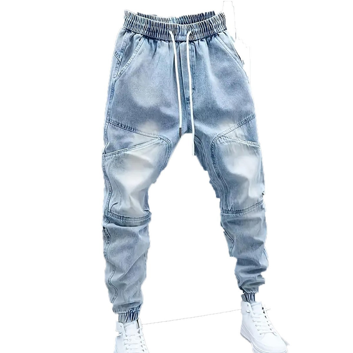Men's New Light Blue Jeans Elastic Ankle Banded Pants SHOPPORA