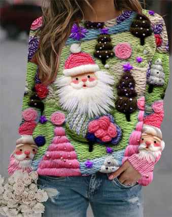 Autumn And Winter 3D Digital Printing Christmas Round Neck Top