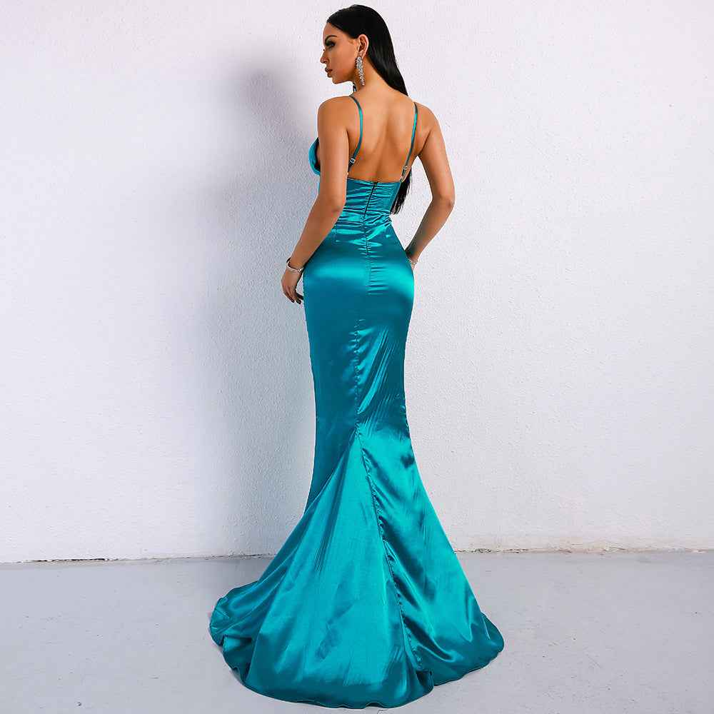 V-neck solid color sling backless ladies evening dress