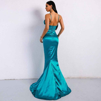 V-neck solid color sling backless ladies evening dress
