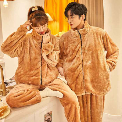 Plush Couple Thickened Flannel Thermal Zipper Suit