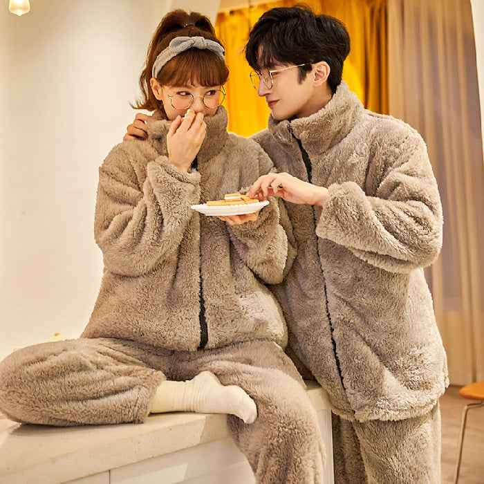 Plush Couple Thickened Flannel Thermal Zipper Suit