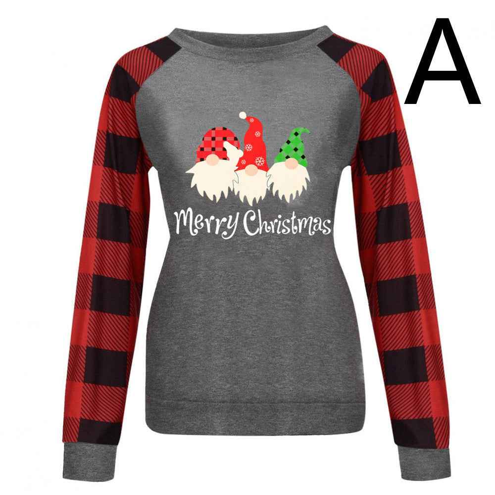 Round Neck Long-sleeved Color Matching Plaid Christmas Print Sweater Women