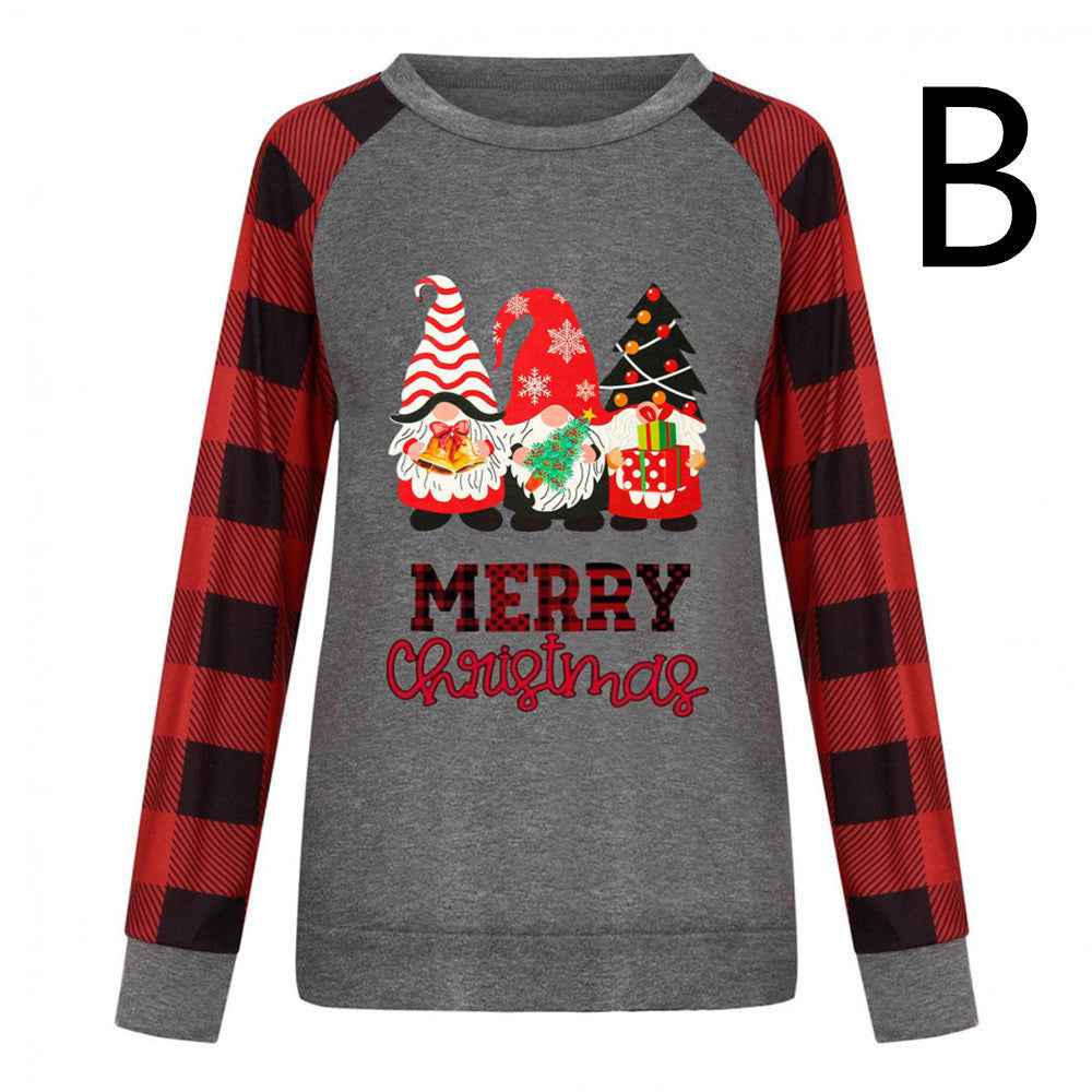 Round Neck Long-sleeved Color Matching Plaid Christmas Print Sweater Women