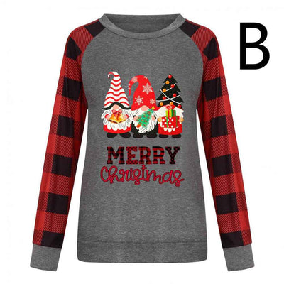Round Neck Long-sleeved Color Matching Plaid Christmas Print Sweater Women