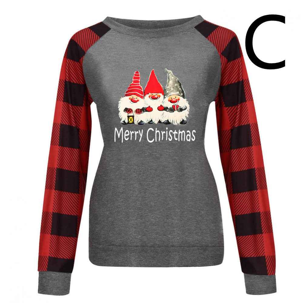 Round Neck Long-sleeved Color Matching Plaid Christmas Print Sweater Women