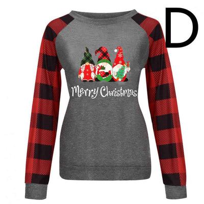 Round Neck Long-sleeved Color Matching Plaid Christmas Print Sweater Women