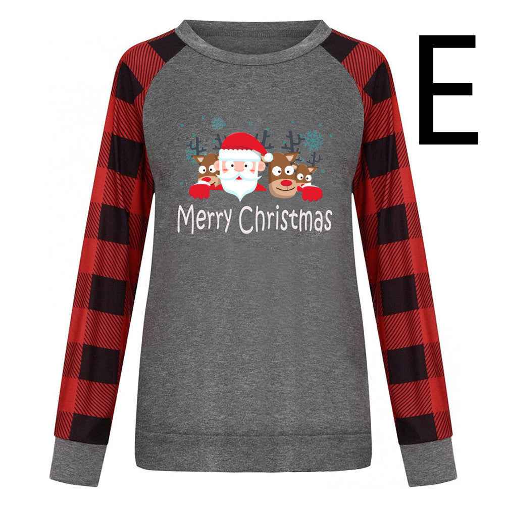 Round Neck Long-sleeved Color Matching Plaid Christmas Print Sweater Women