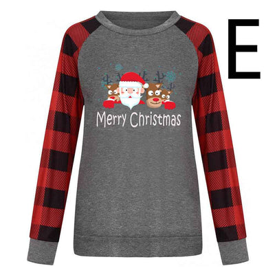 Round Neck Long-sleeved Color Matching Plaid Christmas Print Sweater Women