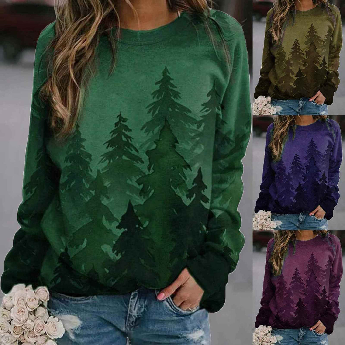 Long-sleeved round neck tie-dye printed Christmas tree sweater
