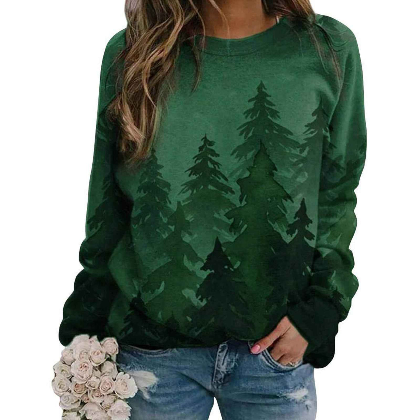 Long-sleeved round neck tie-dye printed Christmas tree sweater