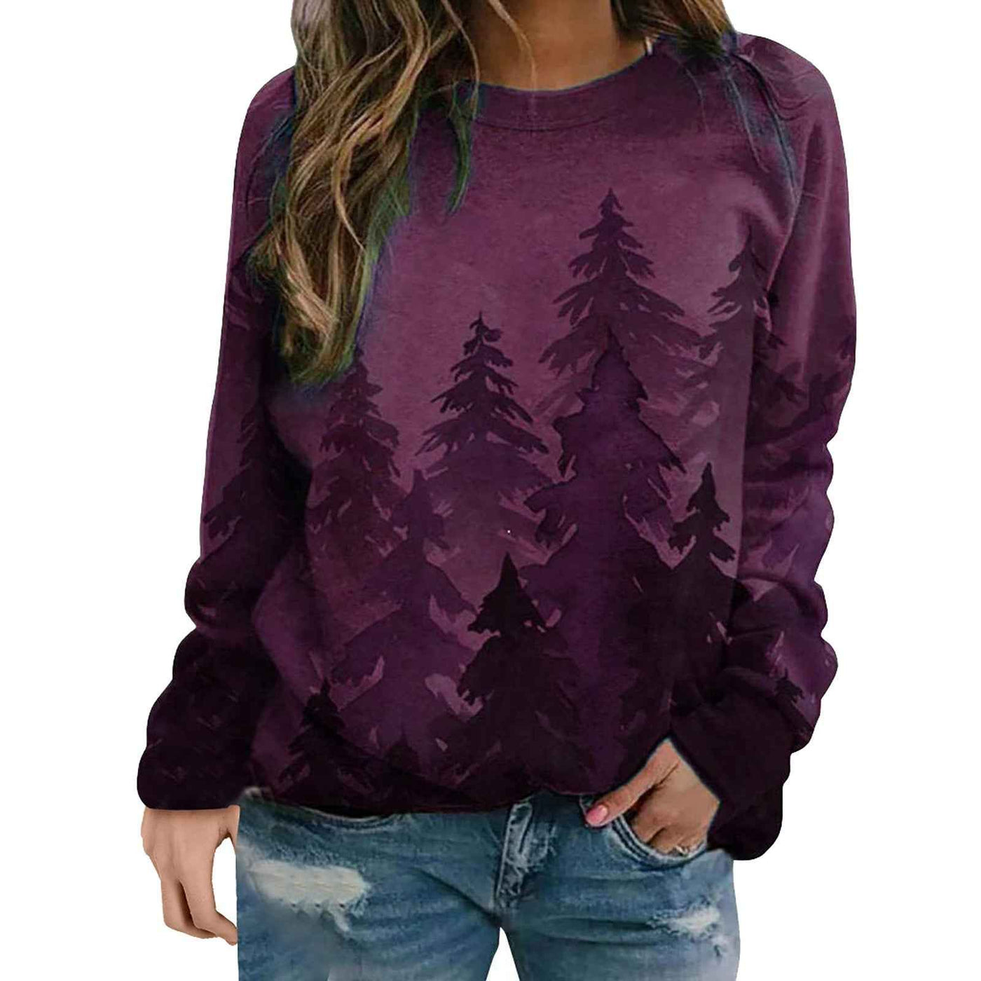 Long-sleeved round neck tie-dye printed Christmas tree sweater