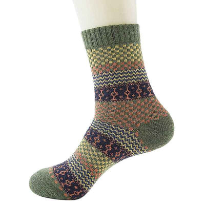 5 Pairs, Men's Warm Ethnic Wool Socks, Plaid, Geometric StripesAnd Ribbed Long Knit