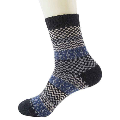 5 Pairs, Men's Warm Ethnic Wool Socks, Plaid, Geometric StripesAnd Ribbed Long Knit
