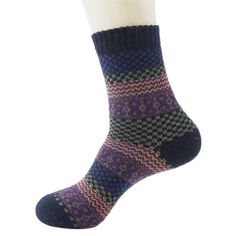 5 Pairs, Men's Warm Ethnic Wool Socks, Plaid, Geometric StripesAnd Ribbed Long Knit