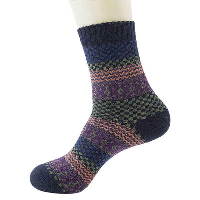 5 Pairs, Men's Warm Ethnic Wool Socks, Plaid, Geometric StripesAnd Ribbed Long Knit