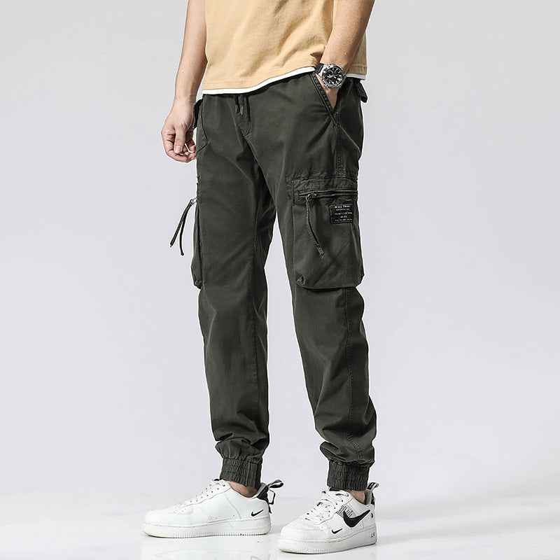Casual Pants Trendy Brand Elastic Waist Men's Youth Simple Pure Cotton Multi-pocket Work Pants Trousers Ankle-tied