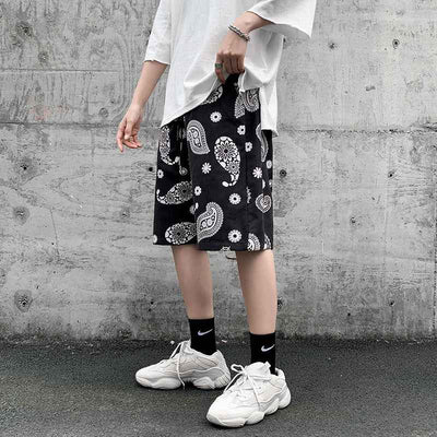 Cashew Flower Pants Men's Tide  Retro Straight Loose Casual Shorts Handsome Street Five-Point Pants
