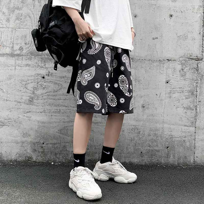 Cashew Flower Pants Men's Tide  Retro Straight Loose Casual Shorts Handsome Street Five-Point Pants