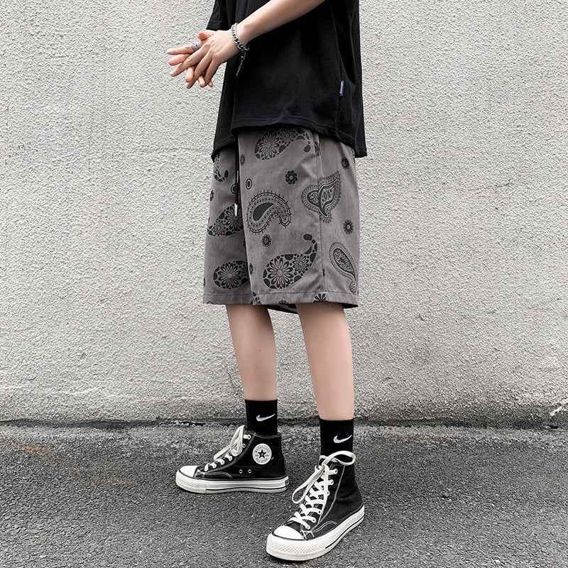 Cashew Flower Pants Men's Tide  Retro Straight Loose Casual Shorts Handsome Street Five-Point Pants