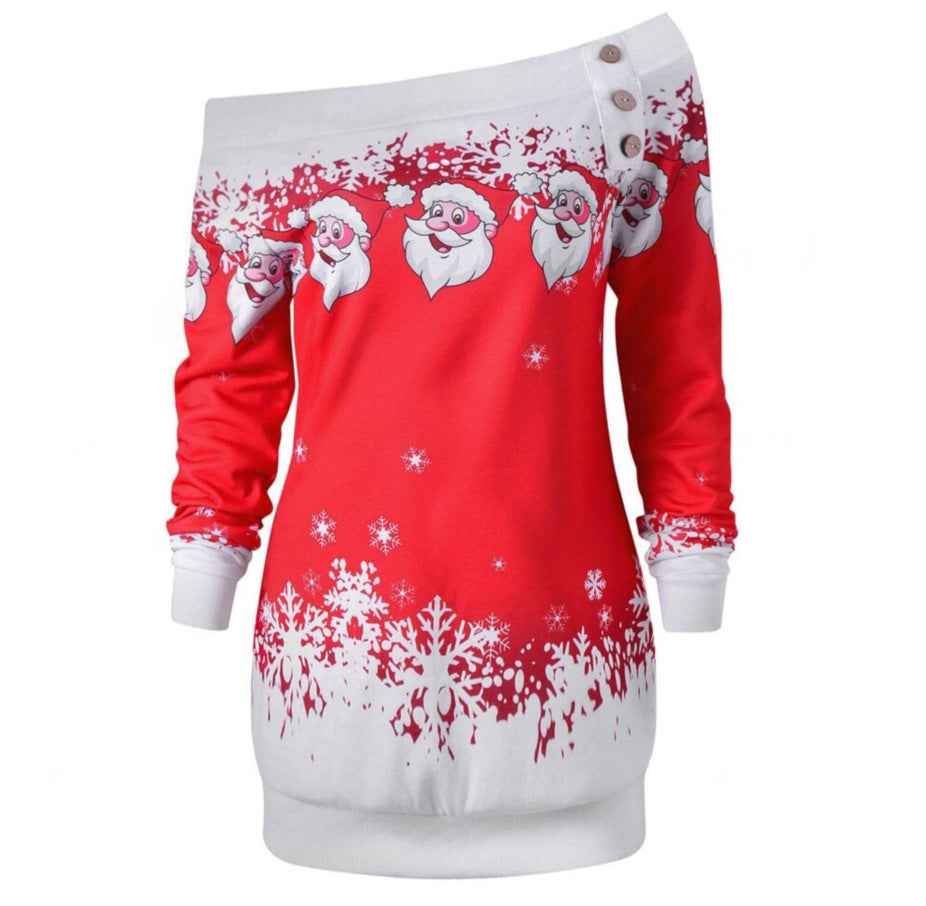 Christmas Women'S Positioning Printing One-Shoulder Long-Sleeved T-Shirt Sweater