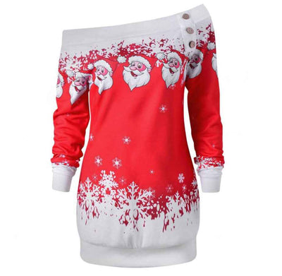 Christmas Women'S Positioning Printing One-Shoulder Long-Sleeved T-Shirt Sweater