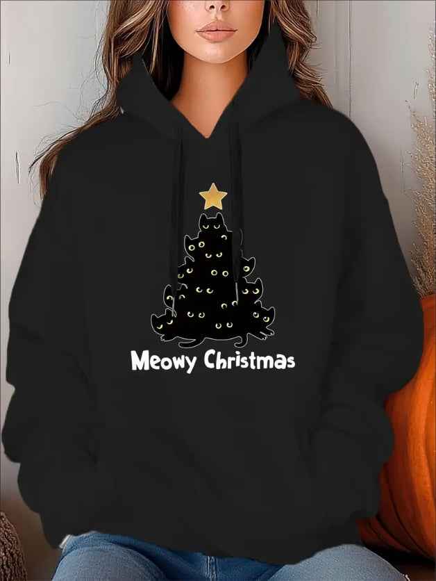 Holiday Cheer, Cozy Christmas Cat Tree Print Hoodie For Women - Casual Long Sleeve Pullover With Drawstring,, Perfect For Fall & Winter, Christmas Tree, Cat Print, Hooded Sweatshirt,