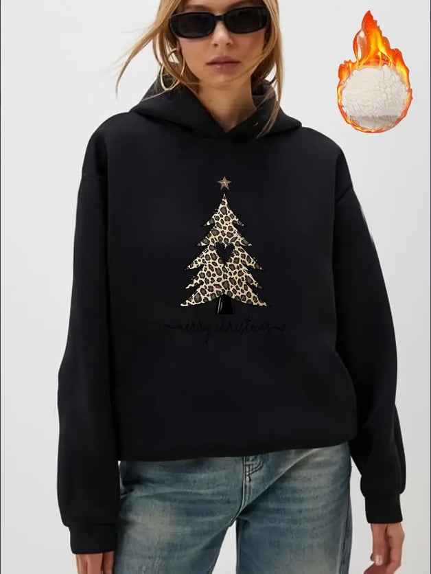 Women'S Casual Christmas Tree Hoodie - Fleece Lined Sweatshirt With Western & Animal Patterns, Hooded Collar For Fall Winter - Leopard Print Tree & Merry Christmas Graphic