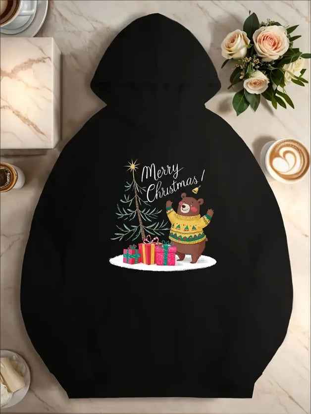 Women'S Christmas Teddy Bear Print Hoodie - Casual  Long Sleeve Kangaroo Pocket Hooded Sweatshirt, Festive Merry Christmas Graphic Pullover, Loose Fit Drawstring Hoodie For Autumn Winter