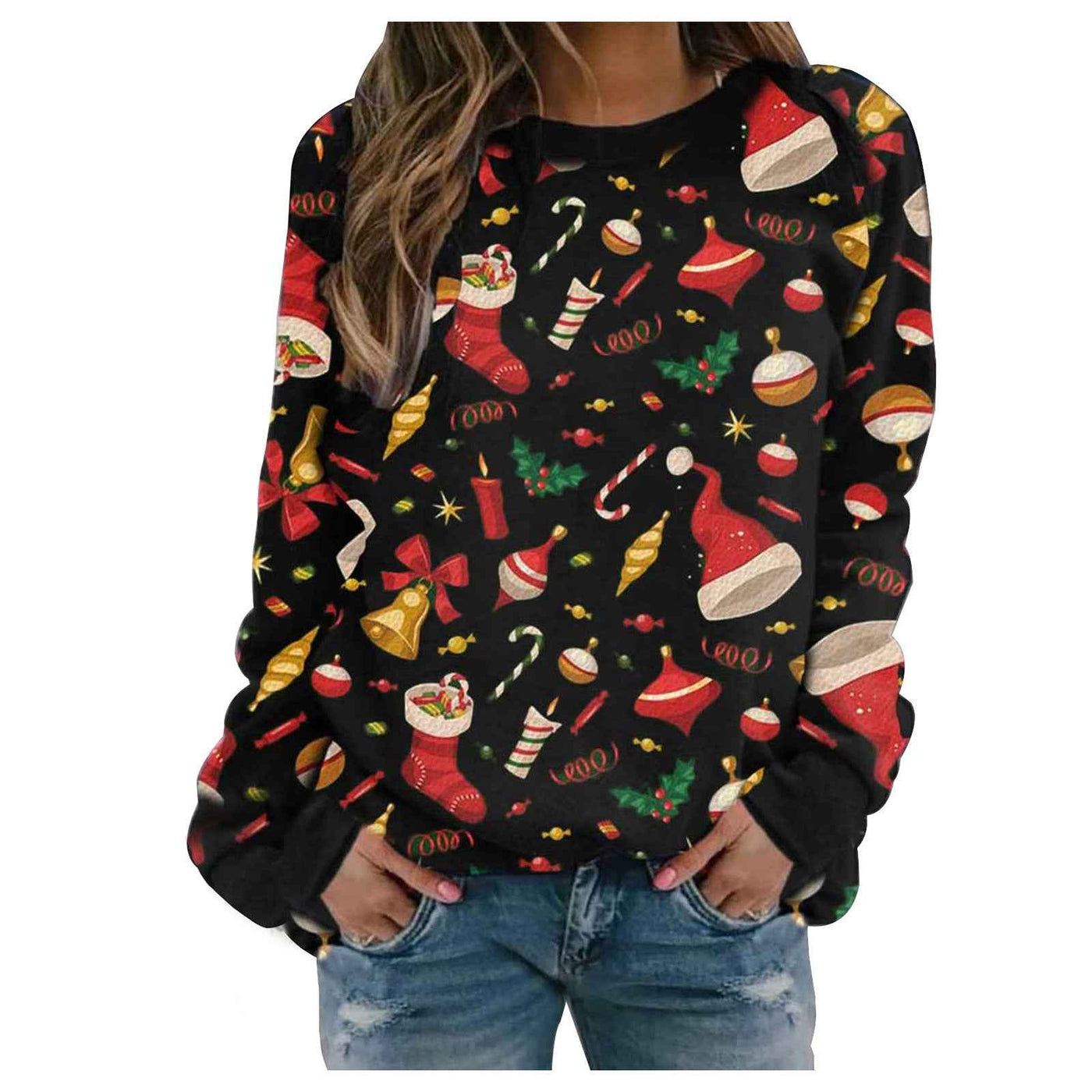 European And American Christmas Printed Round Neck Long Sleeve Fleece Sweater