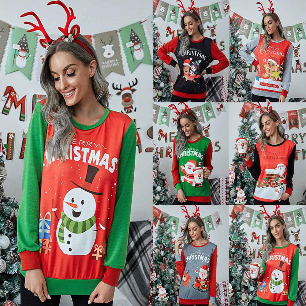 New Christmas Cartoon Snowman Print Long Sleeve Round Neck Sweater