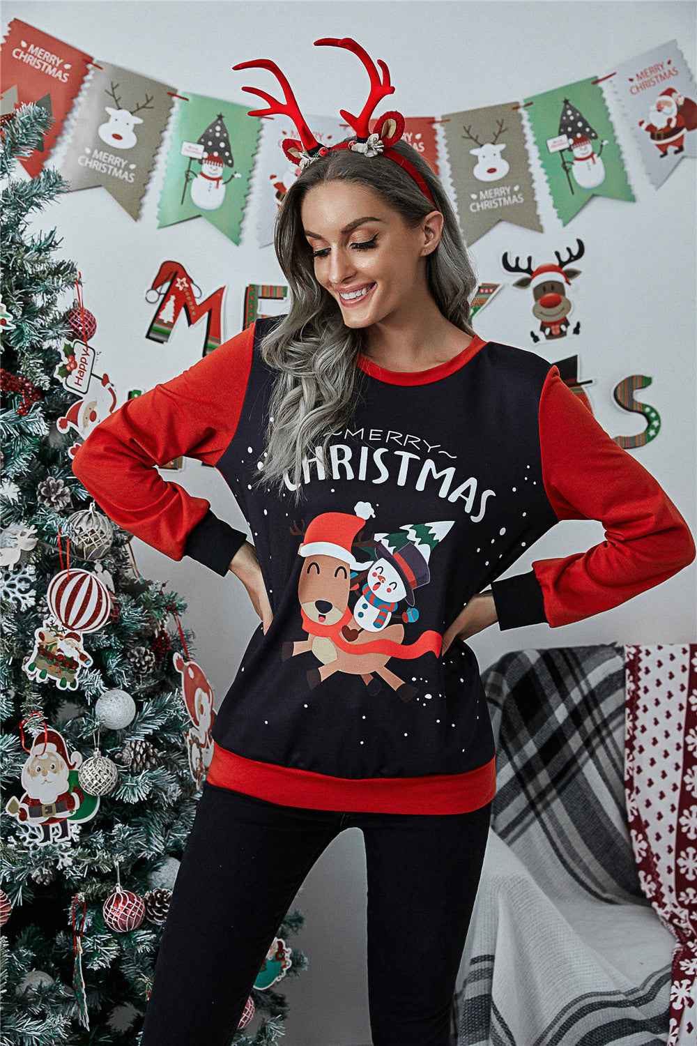New Christmas Cartoon Snowman Print Long Sleeve Round Neck Sweater