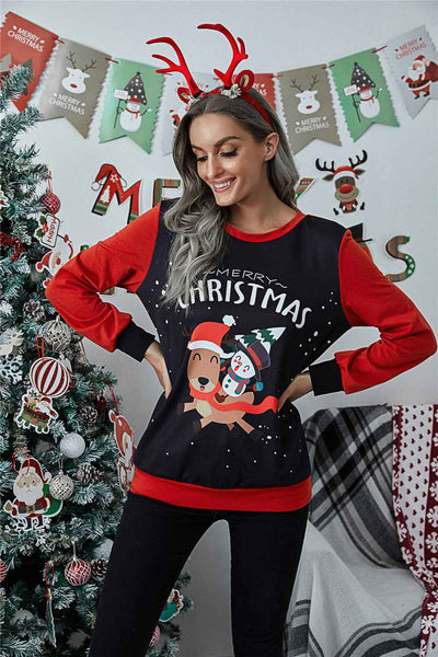 New Christmas Cartoon Snowman Print Long Sleeve Round Neck Sweater
