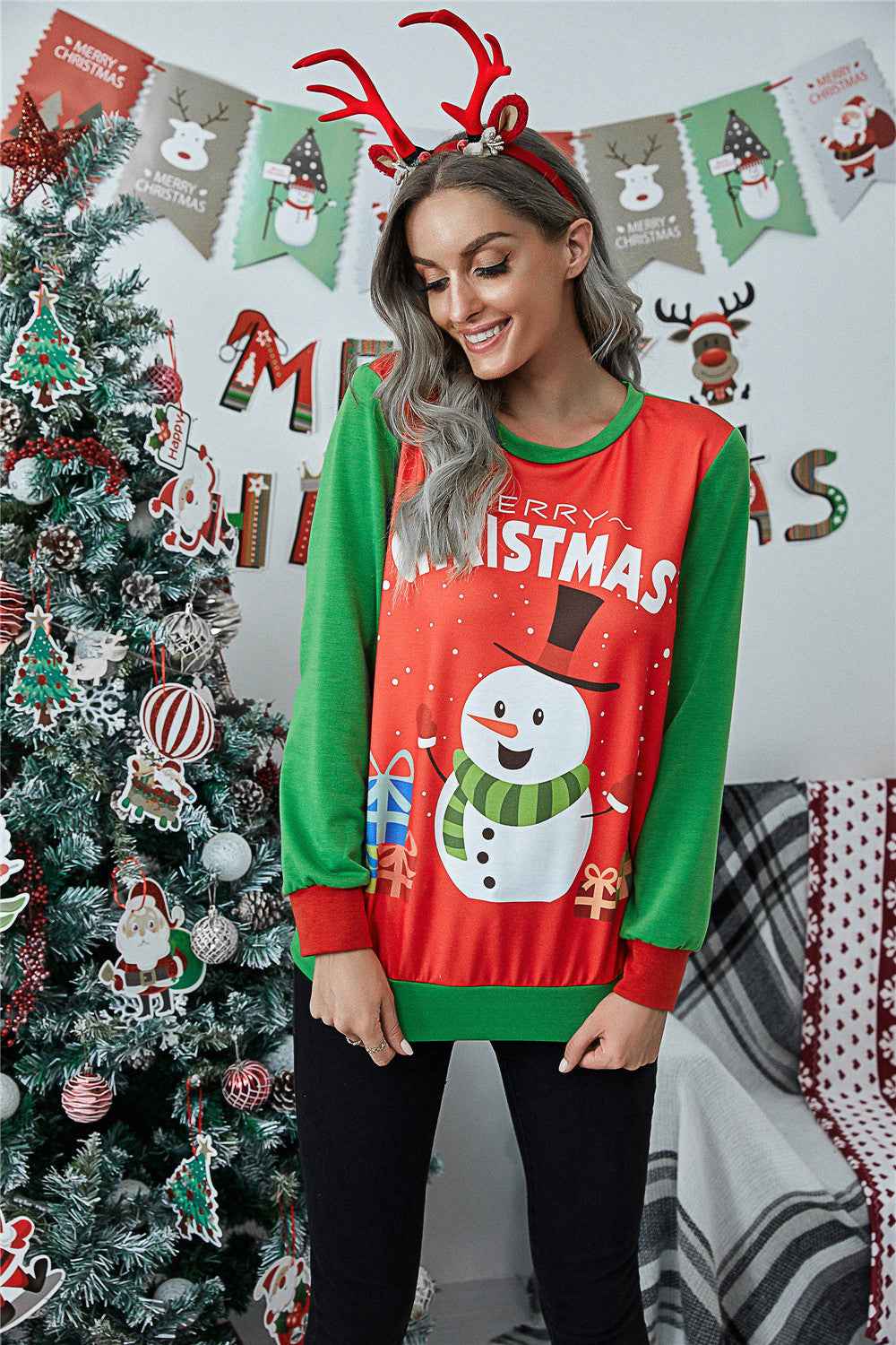 New Christmas Cartoon Snowman Print Long Sleeve Round Neck Sweater