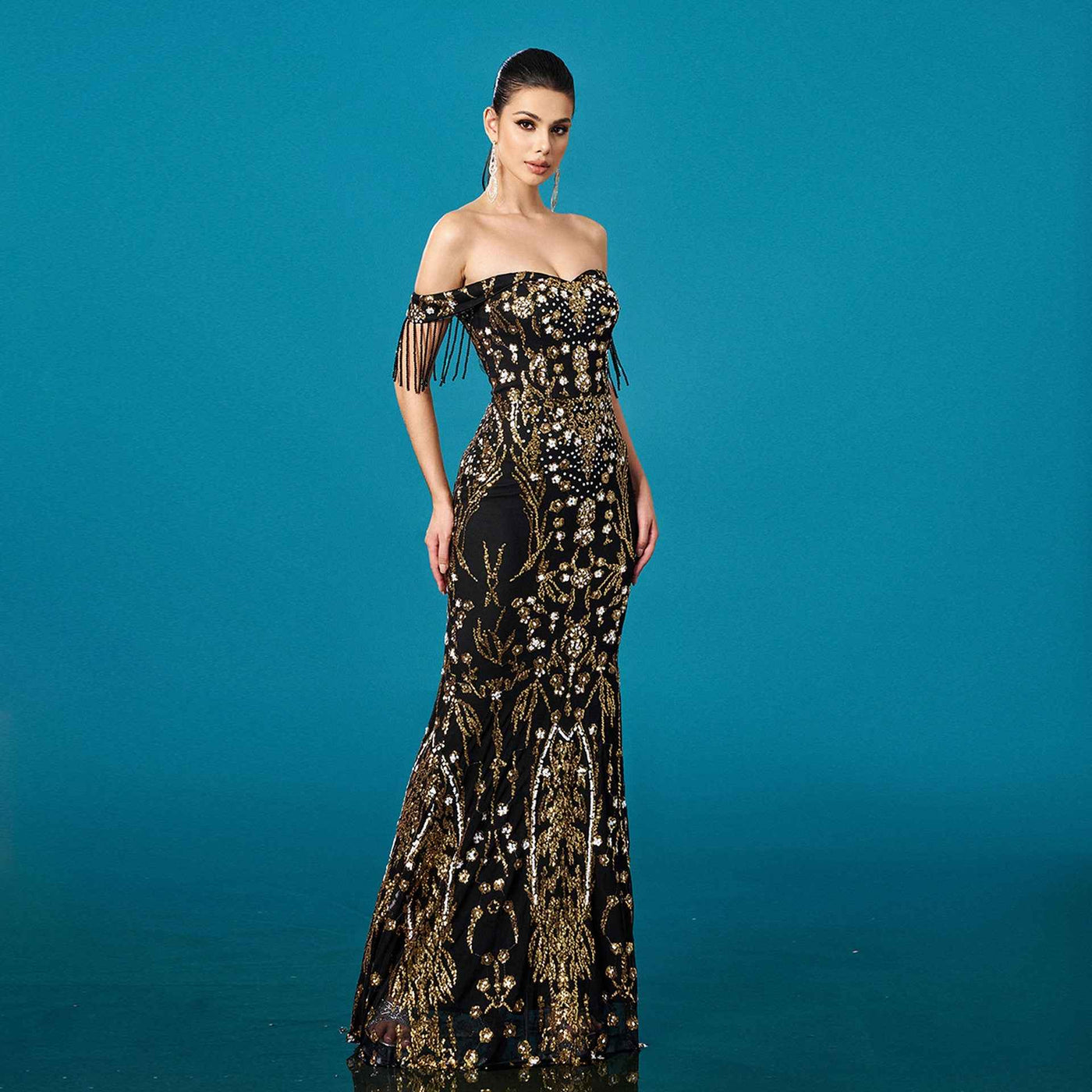 Off-neck Tassel Sequined Fishtail Evening Dress For Banquet