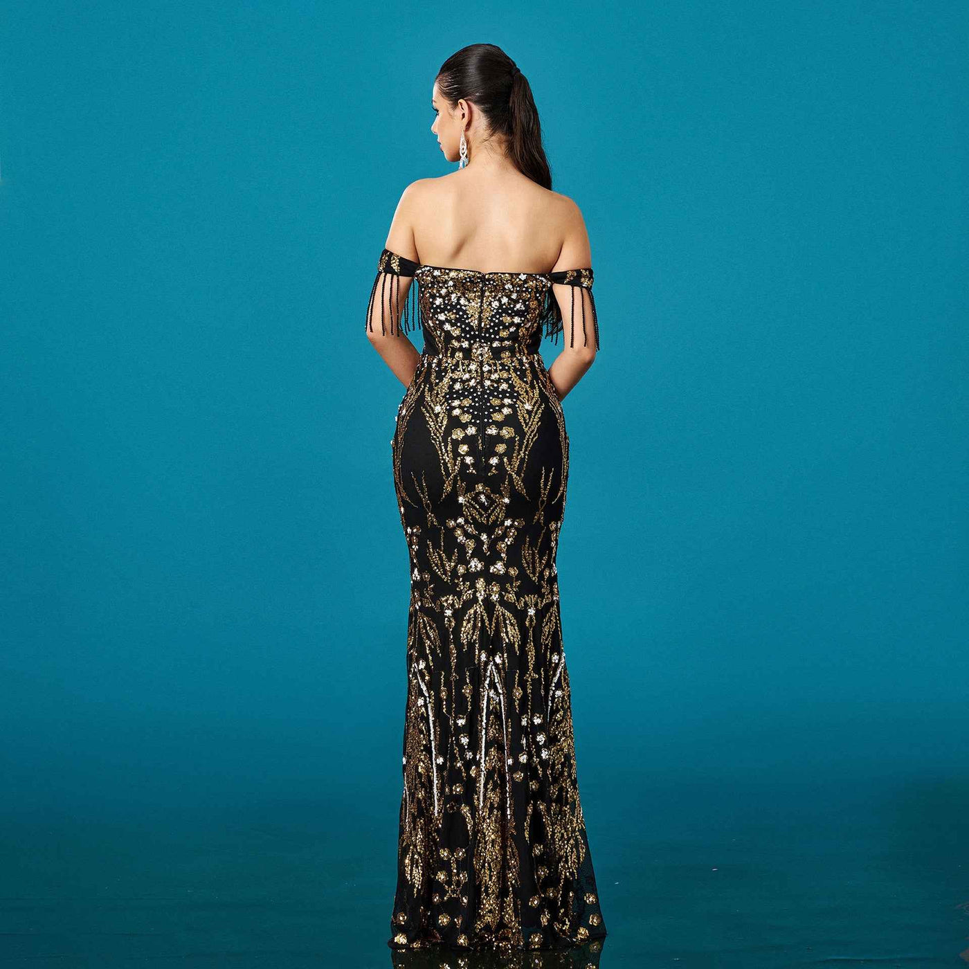 Off-neck Tassel Sequined Fishtail Evening Dress For Banquet