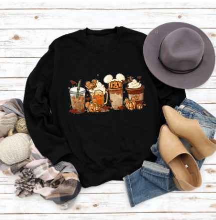 Christmas Latte European American Fashion Floral Print Round Neck Sweater