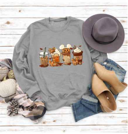 Christmas Latte European American Fashion Floral Print Round Neck Sweater