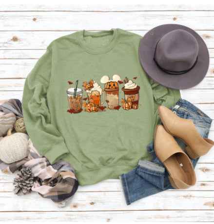 Christmas Latte European American Fashion Floral Print Round Neck Sweater