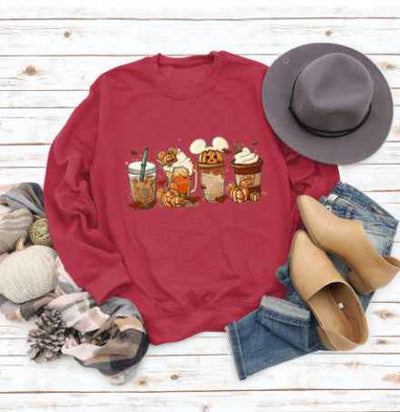 Christmas Latte European American Fashion Floral Print Round Neck Sweater