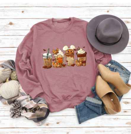 Christmas Latte European American Fashion Floral Print Round Neck Sweater