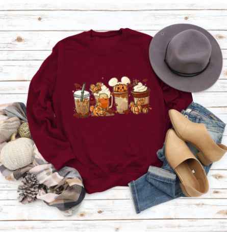 Christmas Latte European American Fashion Floral Print Round Neck Sweater