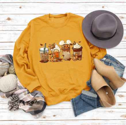 Christmas Latte European American Fashion Floral Print Round Neck Sweater