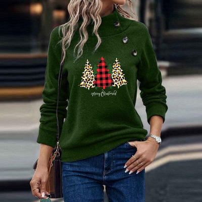 High Round Neck Button Christmas Loose Long Sleeve Sweatershirt Women