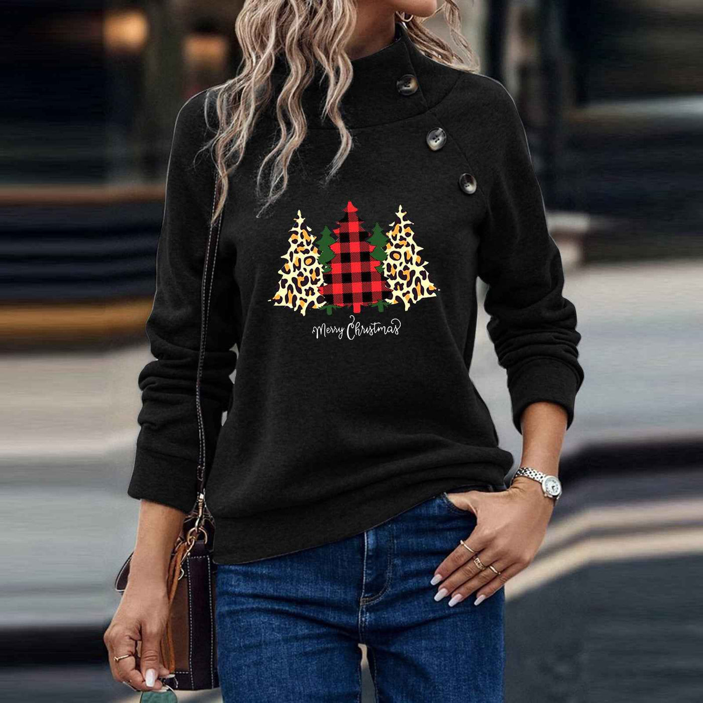 High Round Neck Button Christmas Loose Long Sleeve Sweatershirt Women