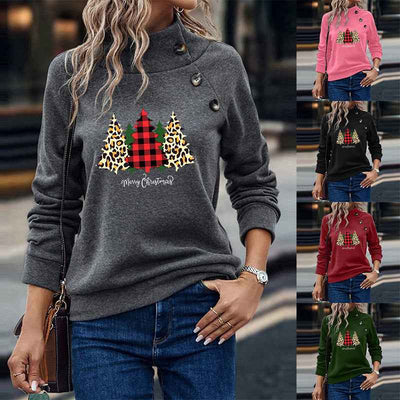 High Round Neck Button Christmas Loose Long Sleeve Sweatershirt Women