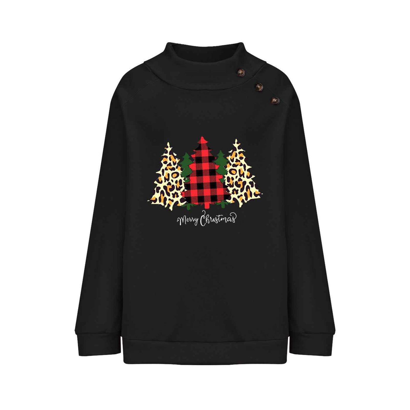 High Round Neck Button Christmas Loose Long Sleeve Sweatershirt Women