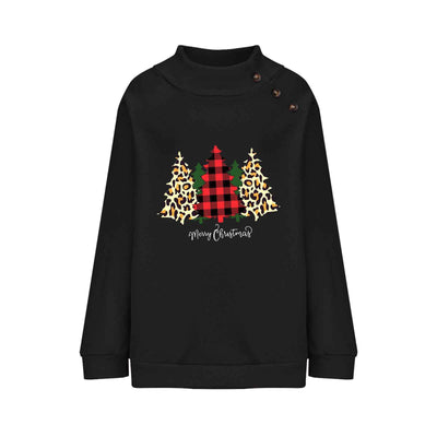 High Round Neck Button Christmas Loose Long Sleeve Sweatershirt Women