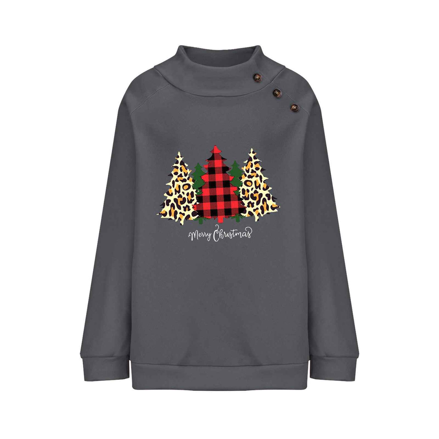 High Round Neck Button Christmas Loose Long Sleeve Sweatershirt Women