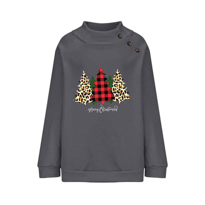 High Round Neck Button Christmas Loose Long Sleeve Sweatershirt Women